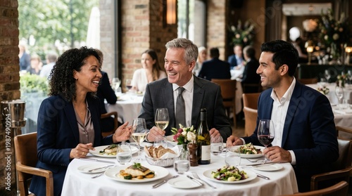 Group of diverse business people having lunch together in high end restaurant