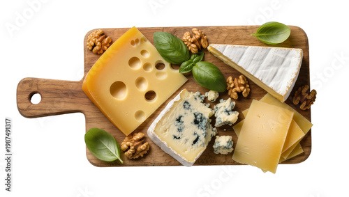 Assortment of cheeses walnuts and basil leaves on a wooden board, isolated on transparent background
