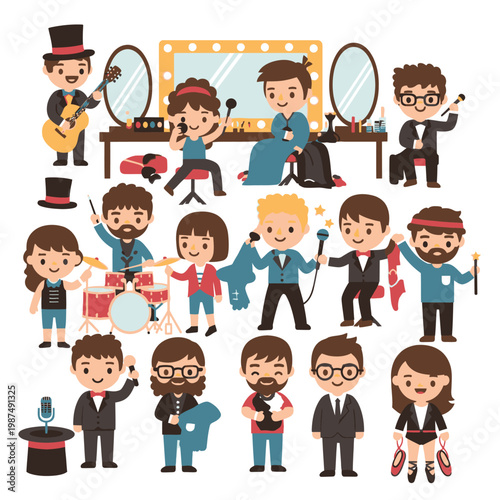 Diverse Performers Group: Musicians, Magicians, Singers, Dancers, Actors on Stage