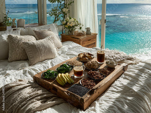 A cozy, sunlit breakfast tray filled with healthy nuts, grains, and salad rests on a plush bed, with floor-to-ceiling windows framing a stunning rocky ocean view.