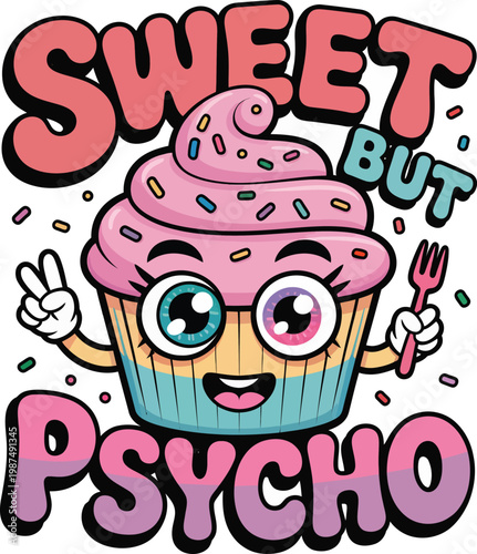 Cartoon cupcake with sprinkles holding fork and peace sign