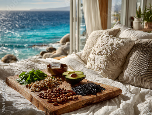 A cozy, sunlit breakfast tray filled with healthy nuts, grains, and salad rests on a plush bed, with floor-to-ceiling windows framing a stunning rocky ocean view.