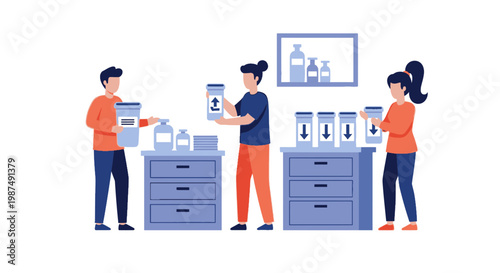 Laboratory scientists conducting experiments with test tubes and bottles