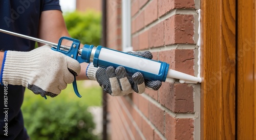 Close-up of a worker's hands in protective gloves using a caulking gun to apply white sealant. Fixing the gap between a red brick wall and a wooden frame. Home improvement and exterior maintenance