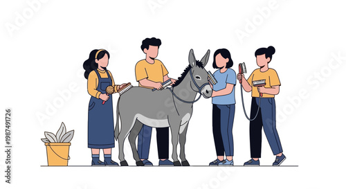 Group of People Caring for Donkey in Outdoor Setting
