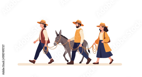 Historical Reenactors Walking with a Donkey in Traditional Costume