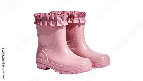 Foto Pair of pink rubber rain boots with ruffled tops, isolated on transparent backgr