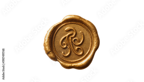 Foto Golden wax seal with ornate swirling emblem, isolated on transparent background