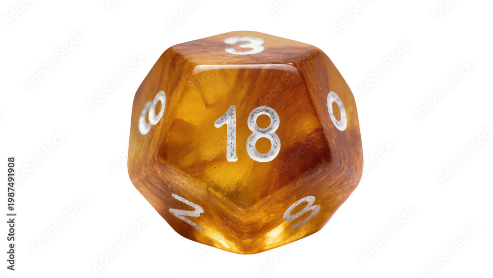 Obraz na płótnie Amber marbled twenty-sided die with silver numbers, isolated on transparent back