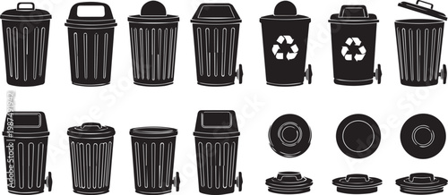 Collection of black and white trash cans and recycling bins