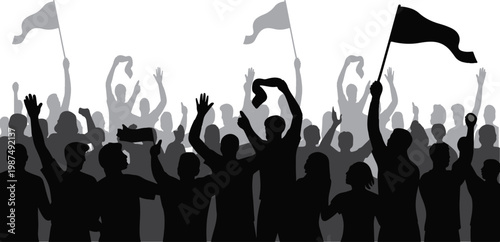 Excited crowd celebrates a major sporting event in 2026 World Cup silhouette.