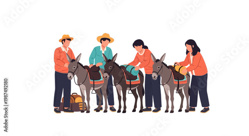 Group of Tourists Preparing for Horseback Riding Adventure