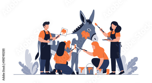 Group of People Painting a Large Donkey Illustration
