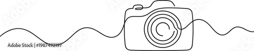 Continuous line drawing of a camera on a wavy line background, symbolizing photography and creativity