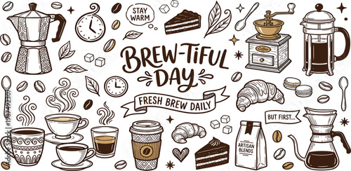 Delightful hand-drawn coffee and breakfast elements, showcasing various brewing methods, sweet pastries, and aromatic hot drinks in a cozy, illustrative style