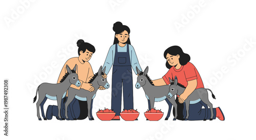 People Feeding Donkeys in a Group at a Sanctuary