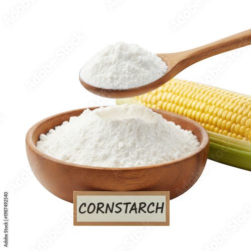 Wooden bowl and spoon with white cornstarch powder isolated on a transparent background