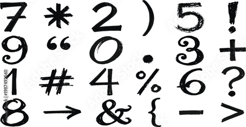 A collection of various punctuation marks, numbers, and symbols, presented in a handwritten, sketched style against a white background