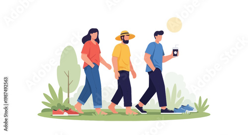 Group of Young People Walking Outdoors with Smartphones and Sun Hat