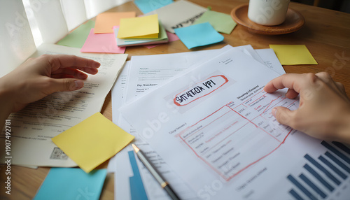 Hands reviewing strategy documents on a desk with colorful stick