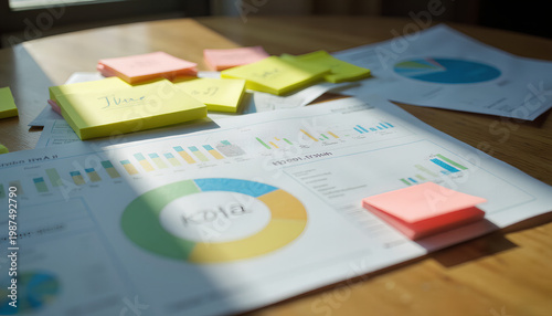 Business documents with graphs and colorful sticky notes