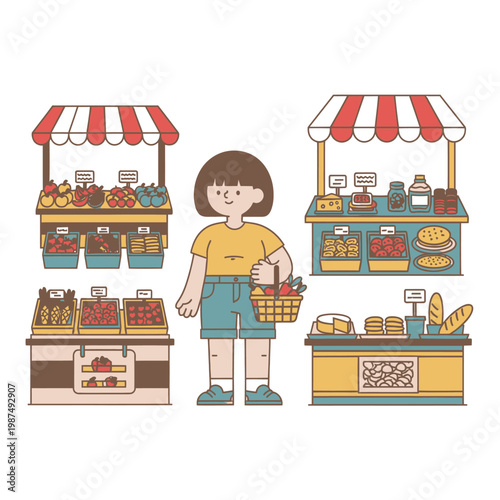 Girl with Basket at Farmers Market Stands with Fresh Produce and Goods