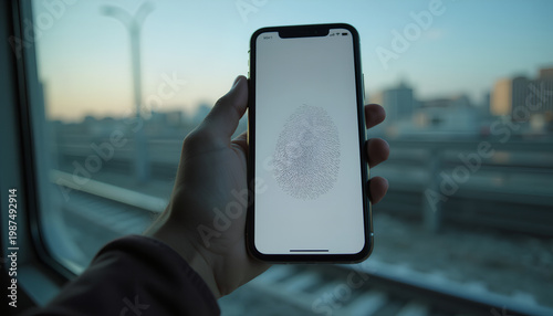 Hand holding smartphone displaying fingerprint on train