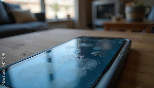 Smartphone screen covered in fingerprints on a wooden table