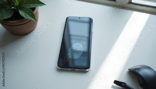 Fingerprint ID on smartphone screen, potted plant, sunlit desk.