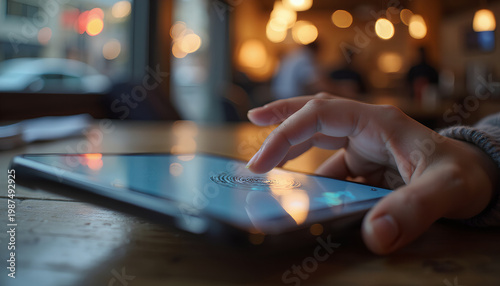 Close-up of hand touching smartphone screen with biometric scan