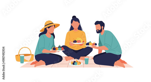 Friends Enjoying a Cozy Picnic with Food and Drinks Outdoors