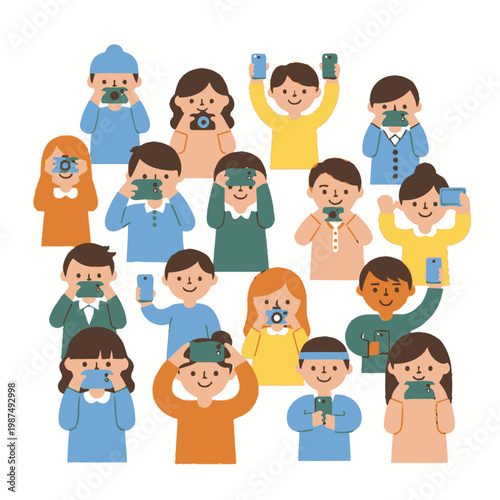 Diverse group of people taking photos with smartphones and cameras, illustration.