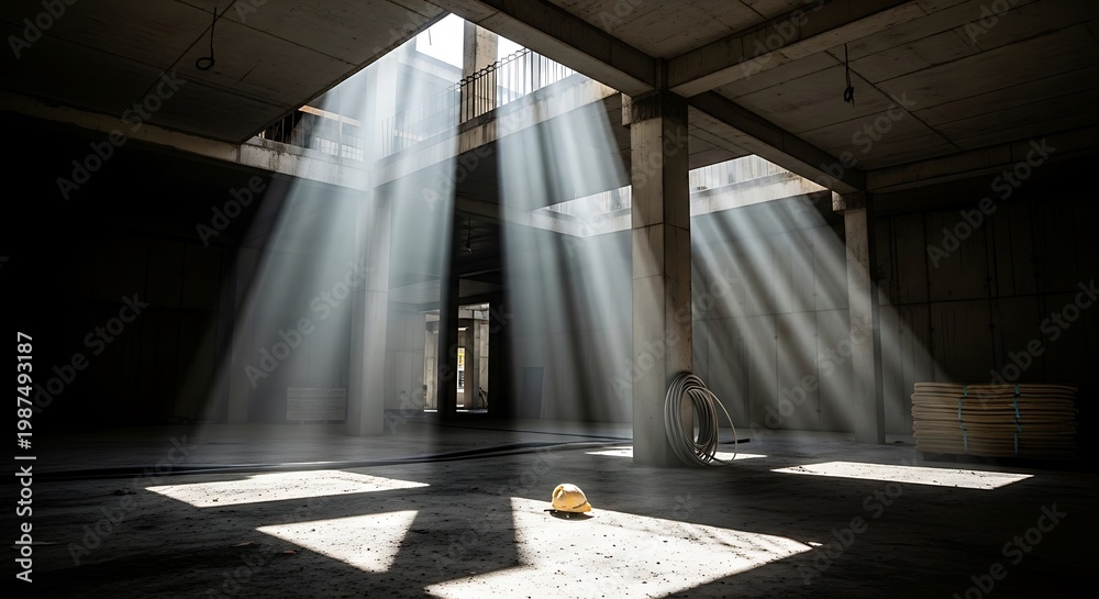 Fototapeta premium Sunbeams illuminate unfinished concrete building interior with construction materials