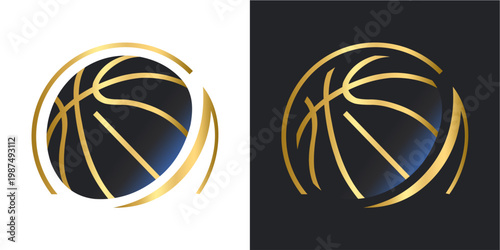 A luxurious and modern graphic design featuring a stylized basketball rendered in elegant gold lines, set against both dark and white contrasting backgrounds. this premium icon represents sports