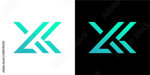 A sleek and modern geometric logo design featuring a stylized letter x, rendered with a vibrant teal to blue gradient. the versatile symbol is presented on both clean white and dark black backgrounds