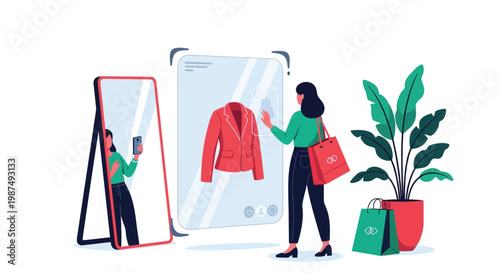 Young woman shopping for a red blazer using an augmented reality interface vector graphic illustration design