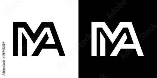A sleek and modern abstract logo design featuring the intertwined letters 'm' and 'a', presented in both black on white and white on black variations. this versatile monogram is suitable for various