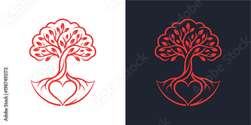 A conceptual red tree illustration combining nature and love. the roots form a heart shape at the base, symbolizing growth and connection. includes light and dark background variations
