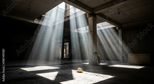 Sunbeams illuminate unfinished concrete building interior with construction materials