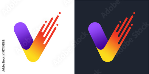 Creative logo design of the letter v featuring a purple and orange gradient with stylized speed lines and dots. the graphic illustrates movement
