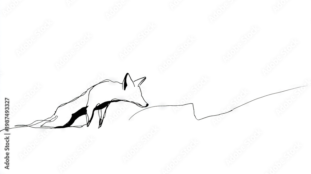 Fototapeta premium Fox Sketch in Motion, Black and White Line Art