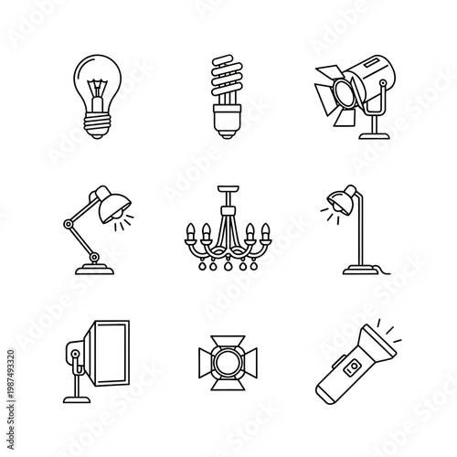 Collection of various light sources isolated on white background in linear style