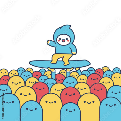Cute character surfing above diverse crowd, concept of leadership and uniqueness