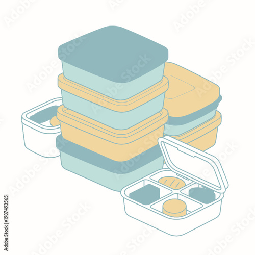 Stack of food containers and bento box with food, illustration