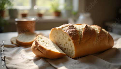 Warm rustic sliced bread on a textured cloth by a sunlit window