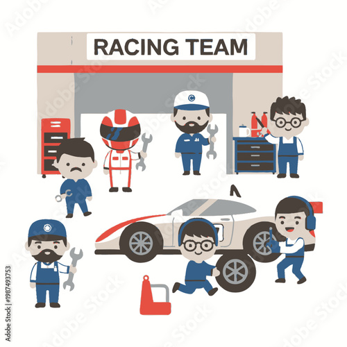 Cartoon Racing Team Working on Sports Car in Garage