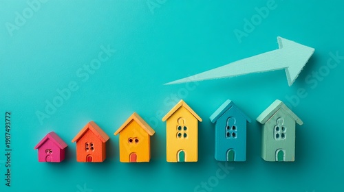 A colorful row of wooden houses with an upward arrow on a teal background