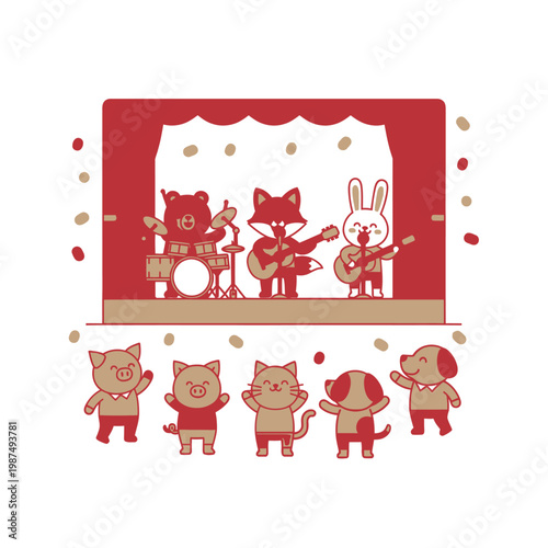 Cute cartoon animal band performing on stage with audience below