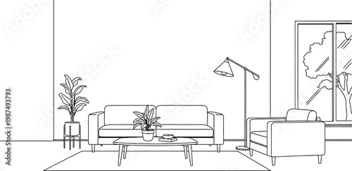 Minimalist line drawing of an outdoor scene with architectural elements and sparse vegetation