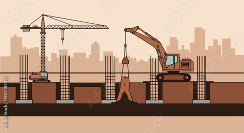 Construction Site Illustration Showcasing Crane, Excavator, And Building Foundation Process